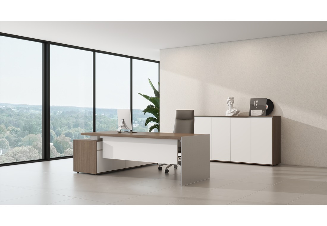 Contemporary executive office with a light oak desk, storage and floor-to-ceiling windows